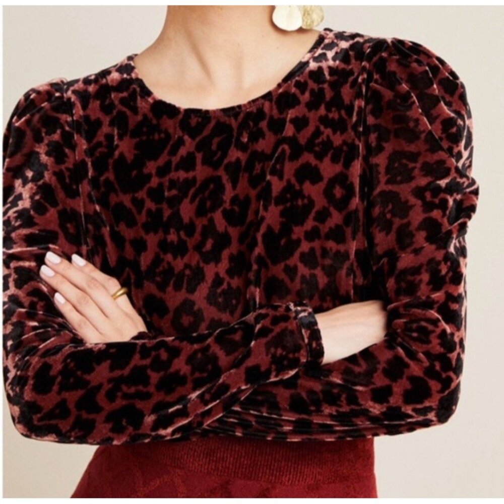 Dolan Left Coast Anthropologie Charley Leopard Top Puff Long Sleeve‎ Velvet Sz M